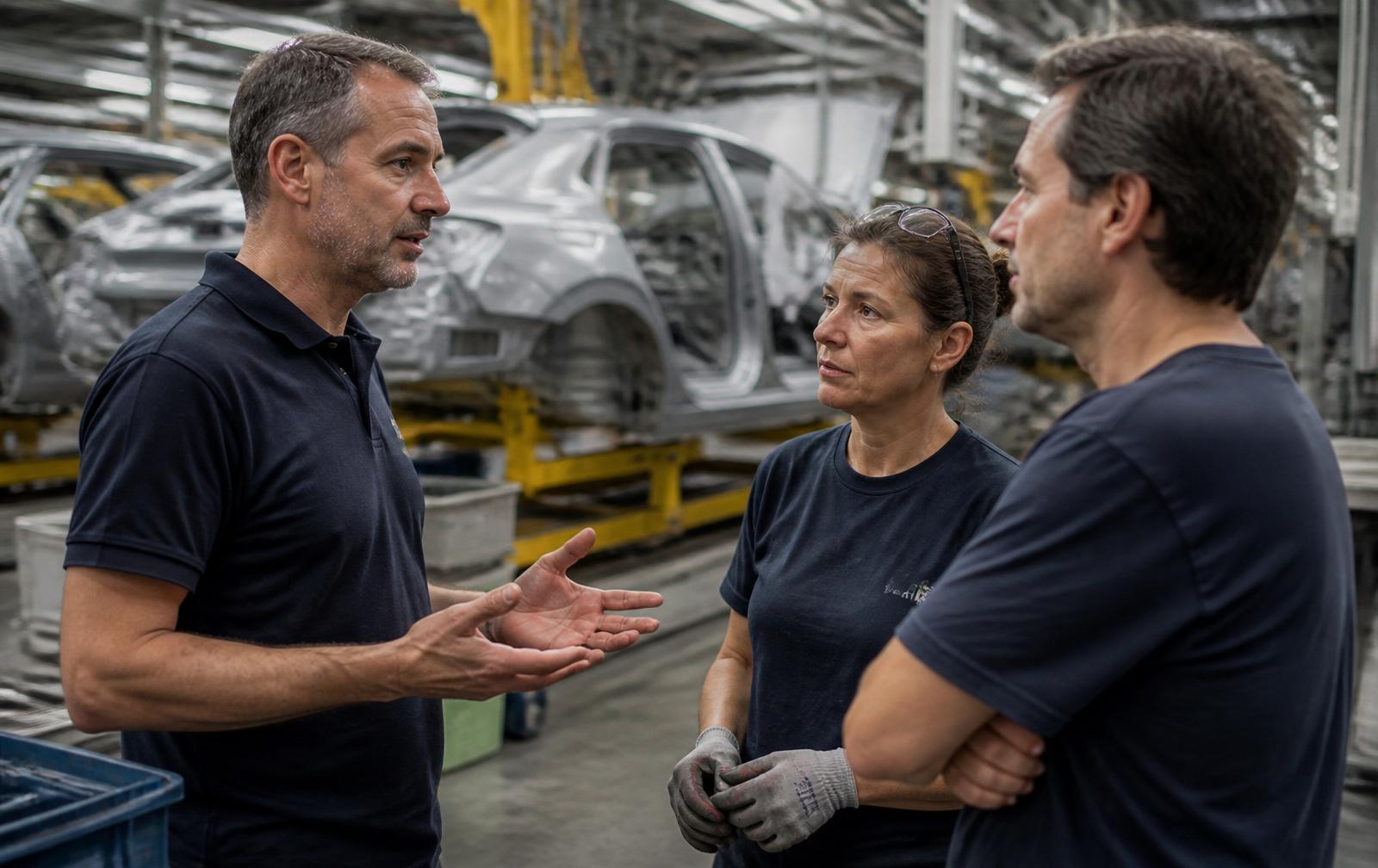 Výrobný supervízor komunikuje s operátormi na automobilovej montážnej linke