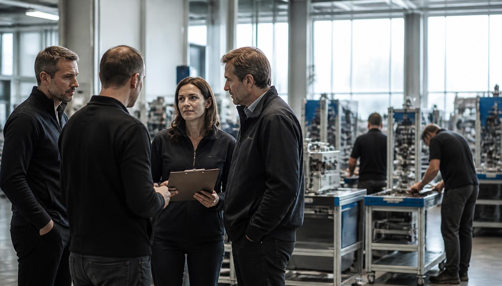 Manufacturing managers and an external partner discussing the organisation of work on a production floor