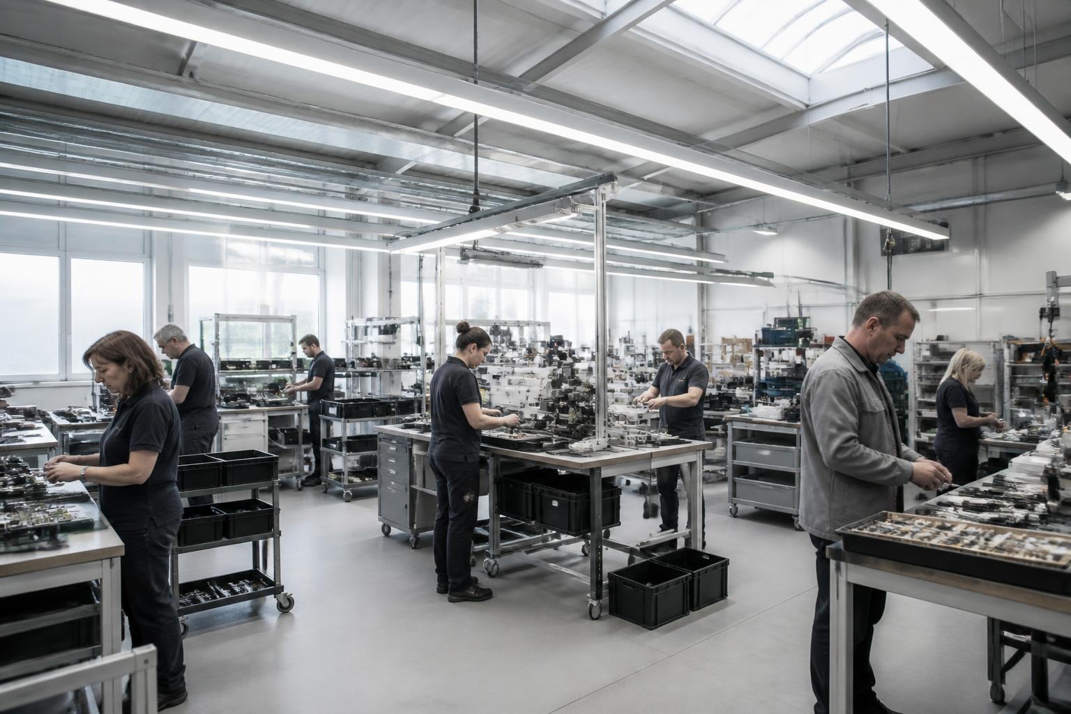 An expanded production team working across several workstations in a manufacturing hall during a period of increased capacity demand